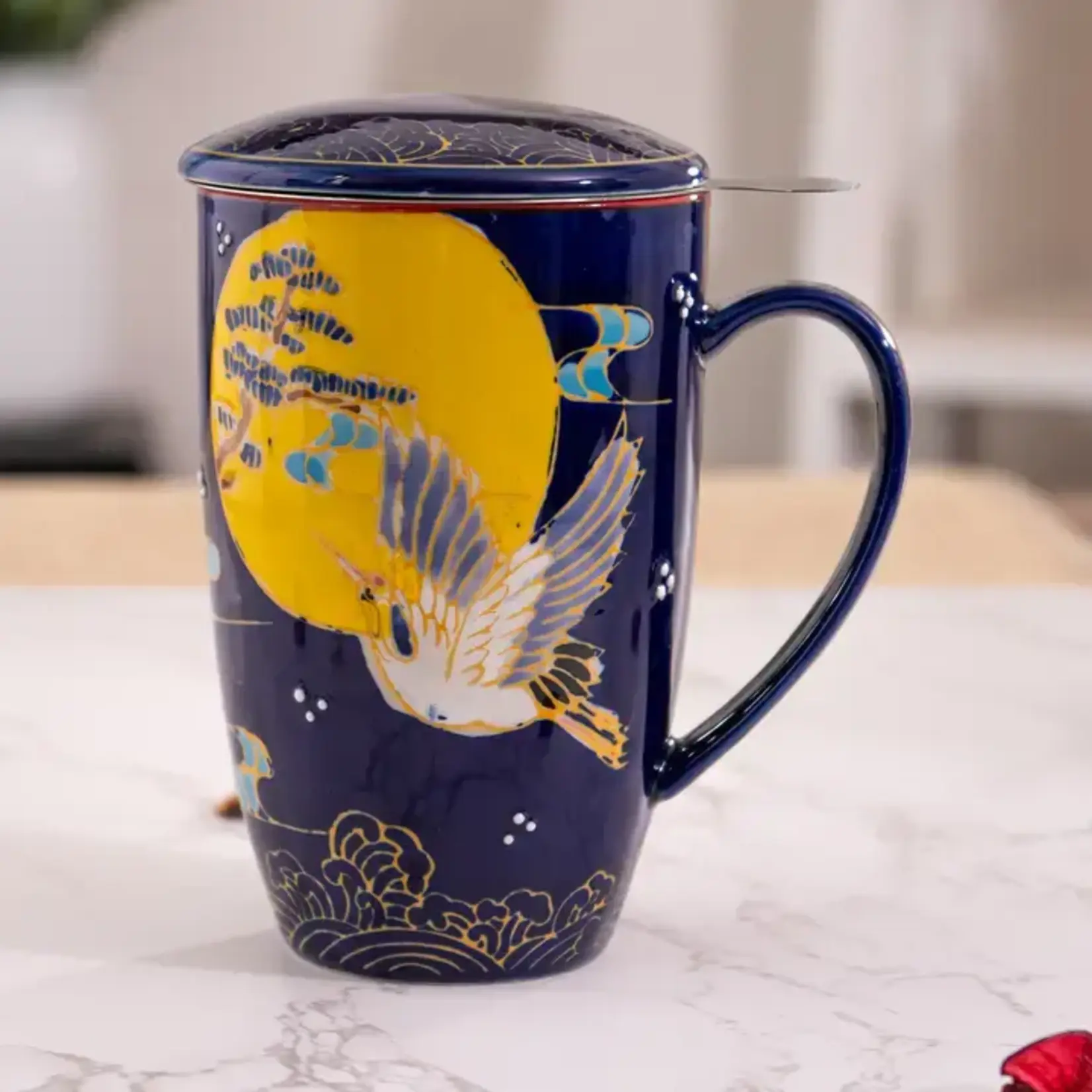 JAPANESE CRANE DESIGN TEA MUGS WITH LID AND INFUSER