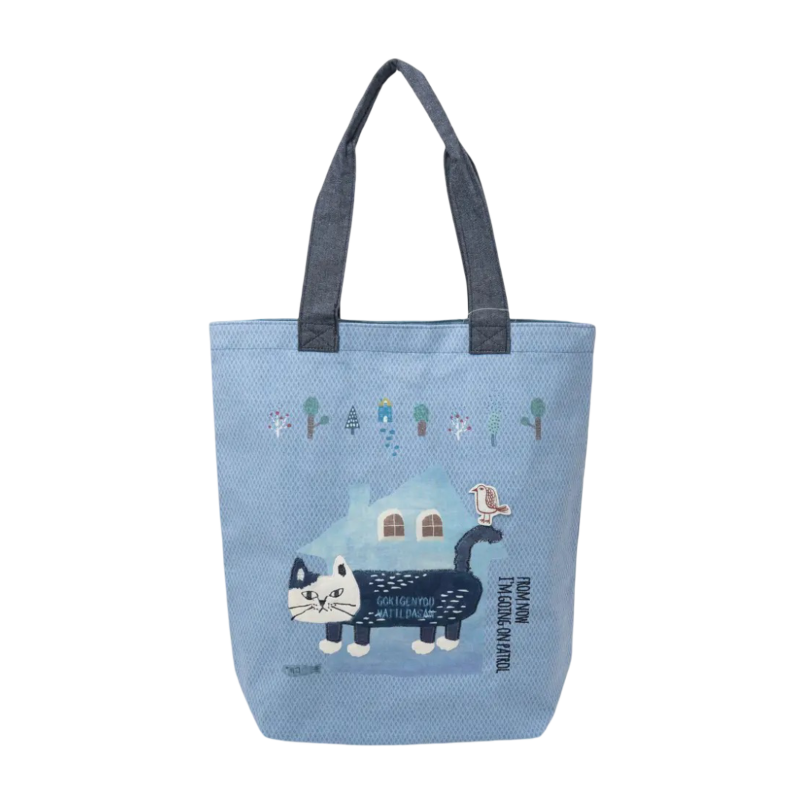 GREAT ZAKKA KUSUGURU JAPAN CAT EMBROIDERED TOTE BAG BLUE