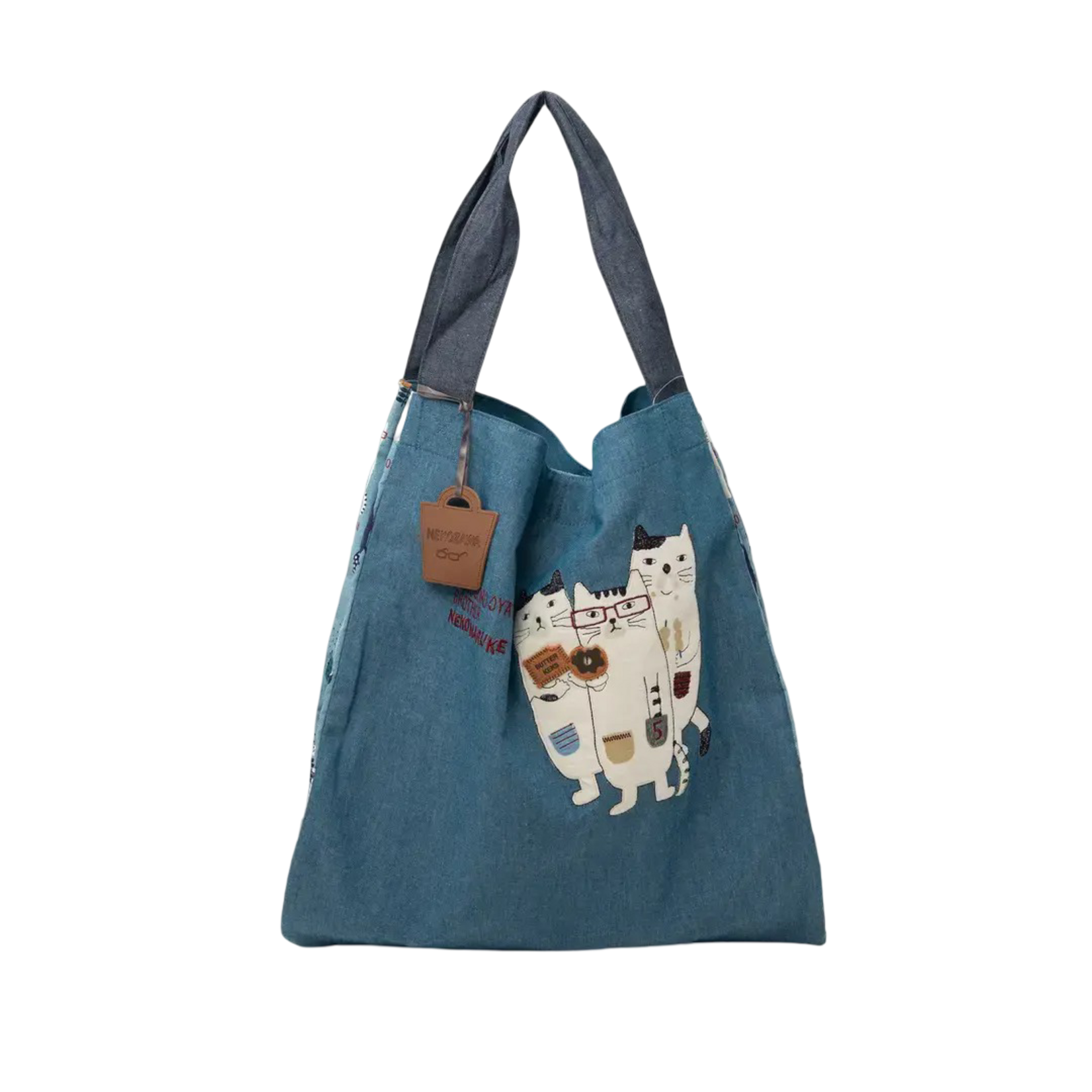 KUSUGURU JAPAN THREE CATS EMBROIDERED LARGE TOTE BAG BLUE