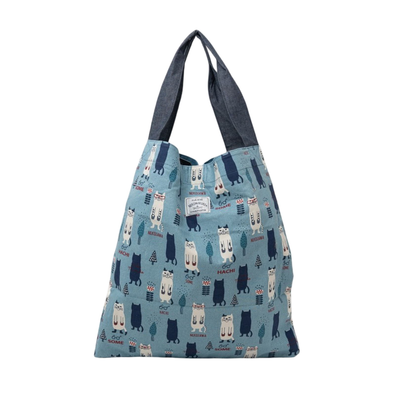 GREAT ZAKKA KUSUGURU JAPAN THREE CATS EMBROIDERED LARGE TOTE BAG BLUE