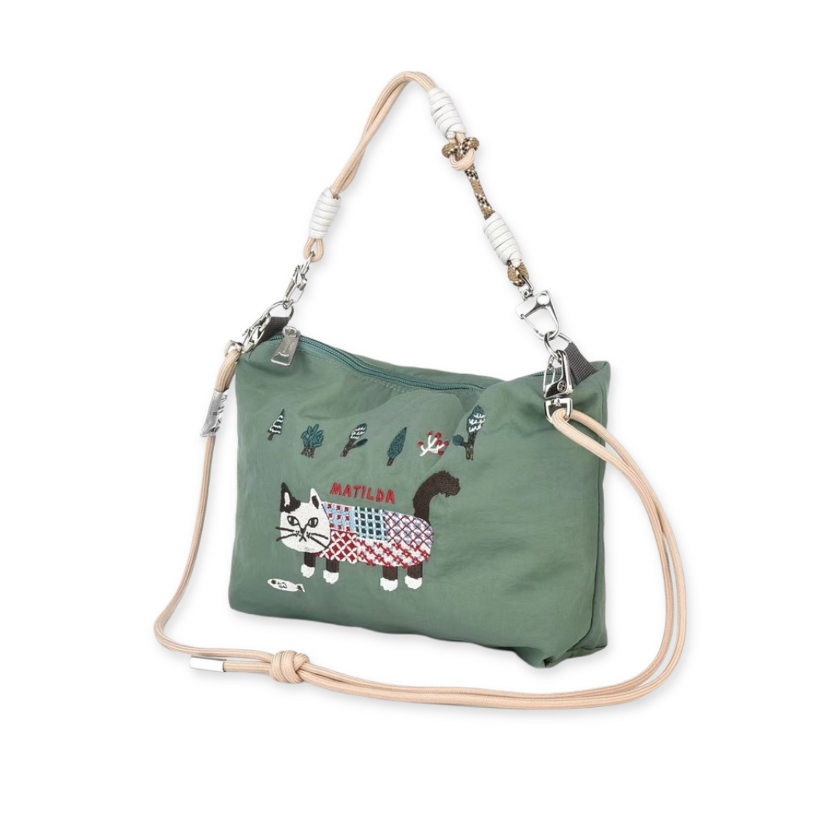 KUSUGURU JAPAN EMBROIDERED CAT MULTI-USE CROSSBODY BAG GREEN