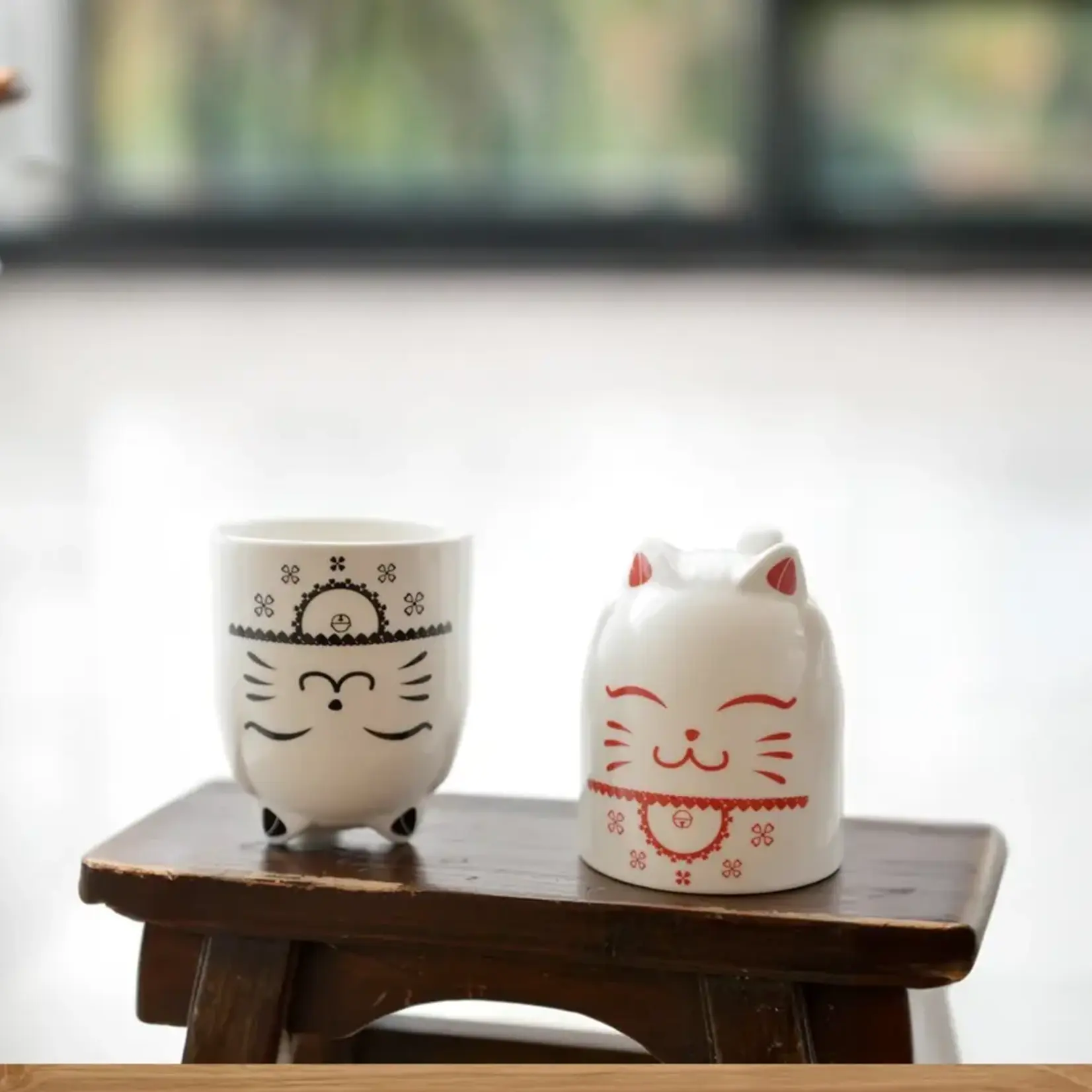 CERAMIC CAT MUGS - RED & BLACK - SET OF 2