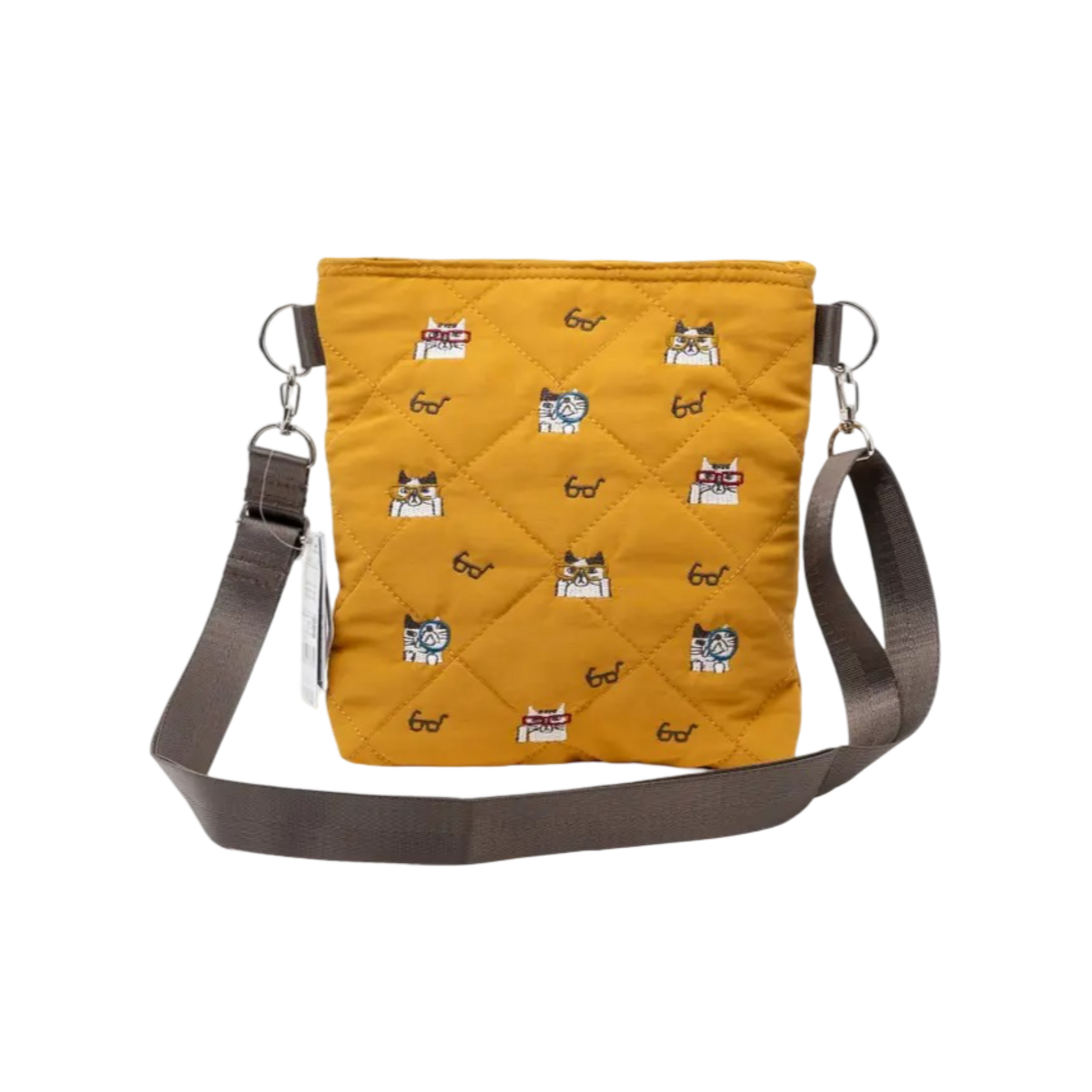 KUSUGURU JAPAN EMBROIDERED CAT COMPACT CROSSBODY BAG MUSTARD YELLOW