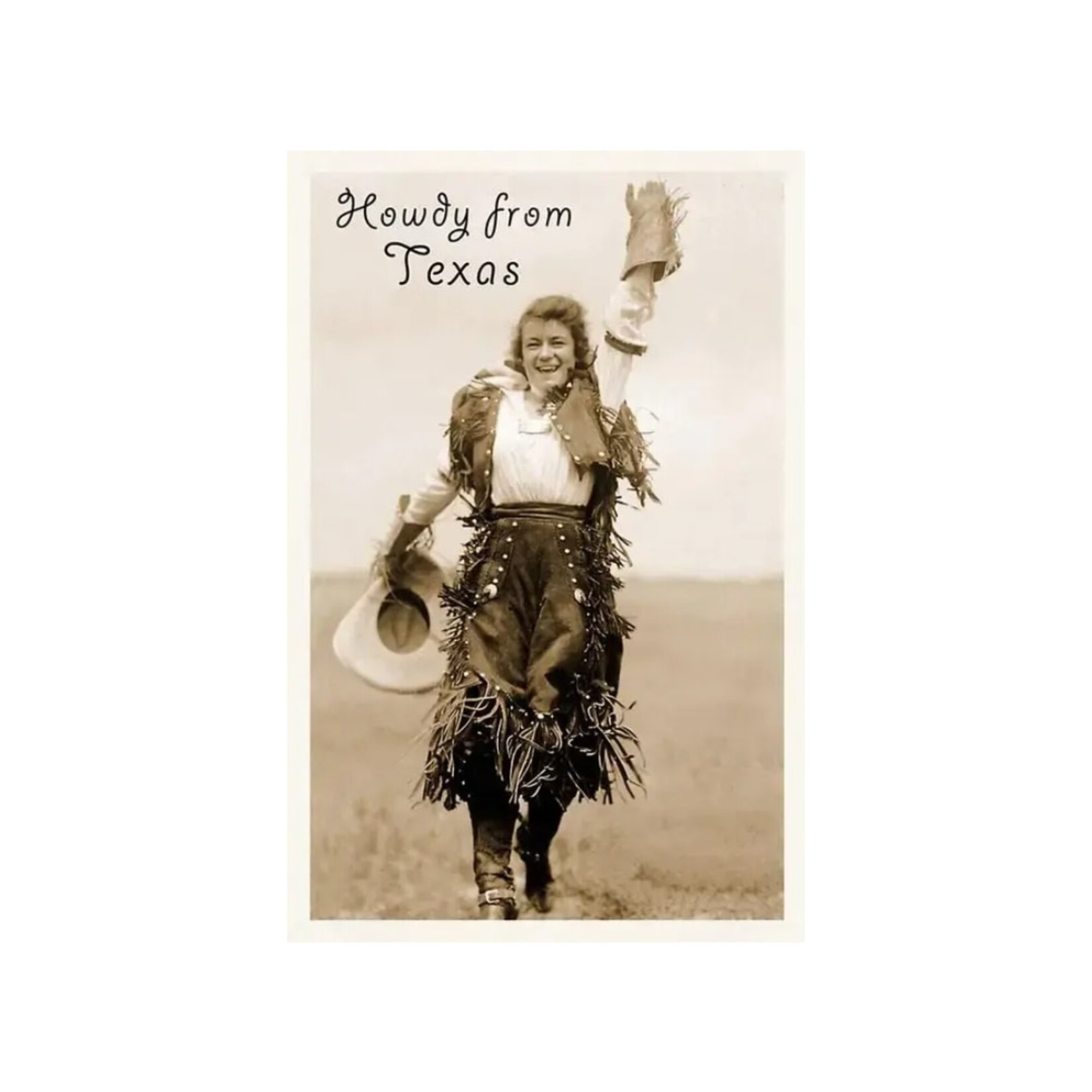 FOUND IMAGES POSTCARD HOWDY FROM TEXAS, WAVING COWGIRL
