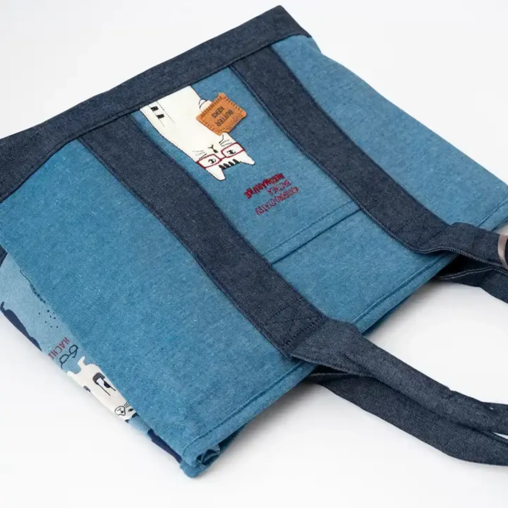 KUSUGURU JAPAN GLASSES CAT MULTI-COMPARTMENT TOTE BLUE