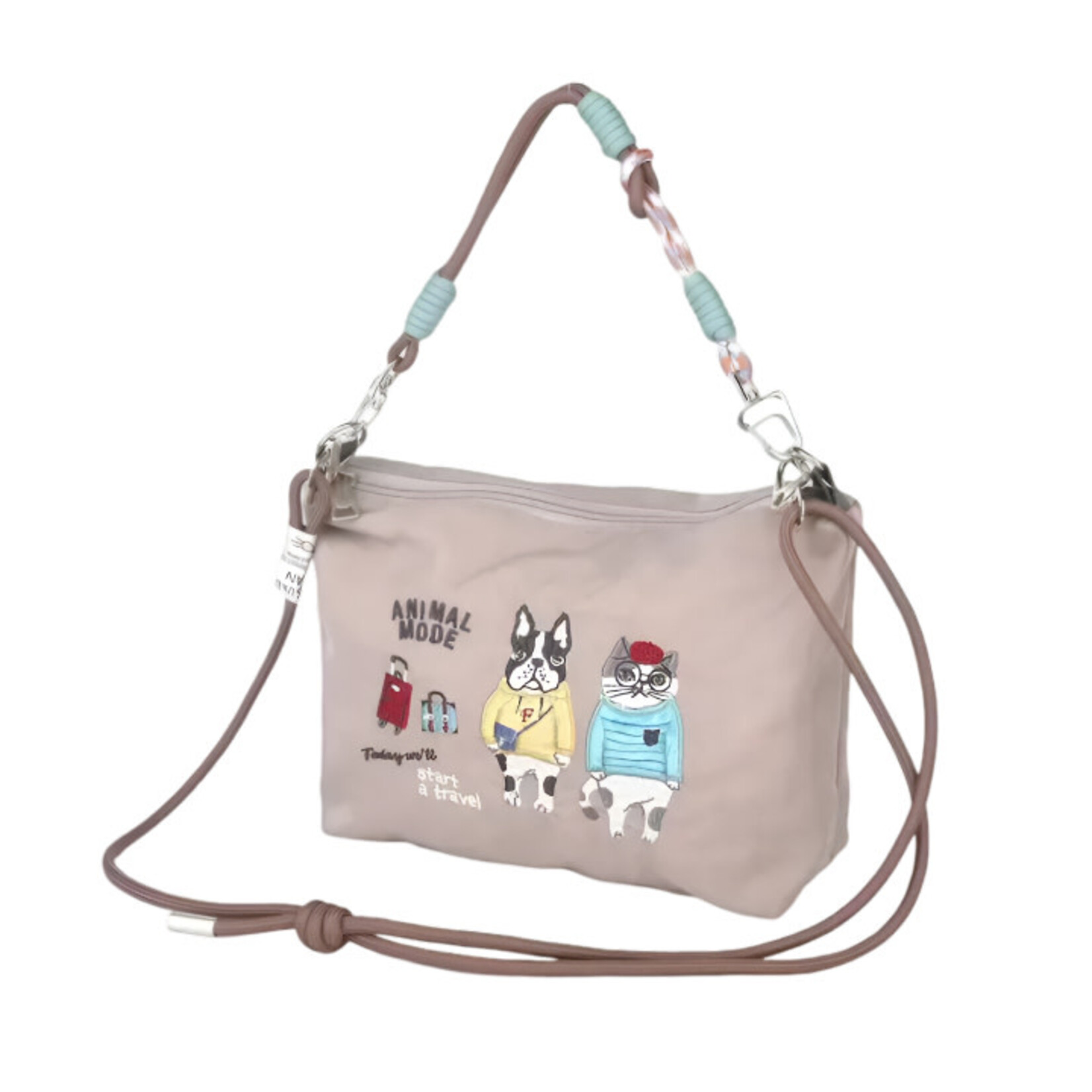 KUSUGURU JAPAN EMBROIDERED CAT MULTI-USE CROSSBODY BAG MILK TEA