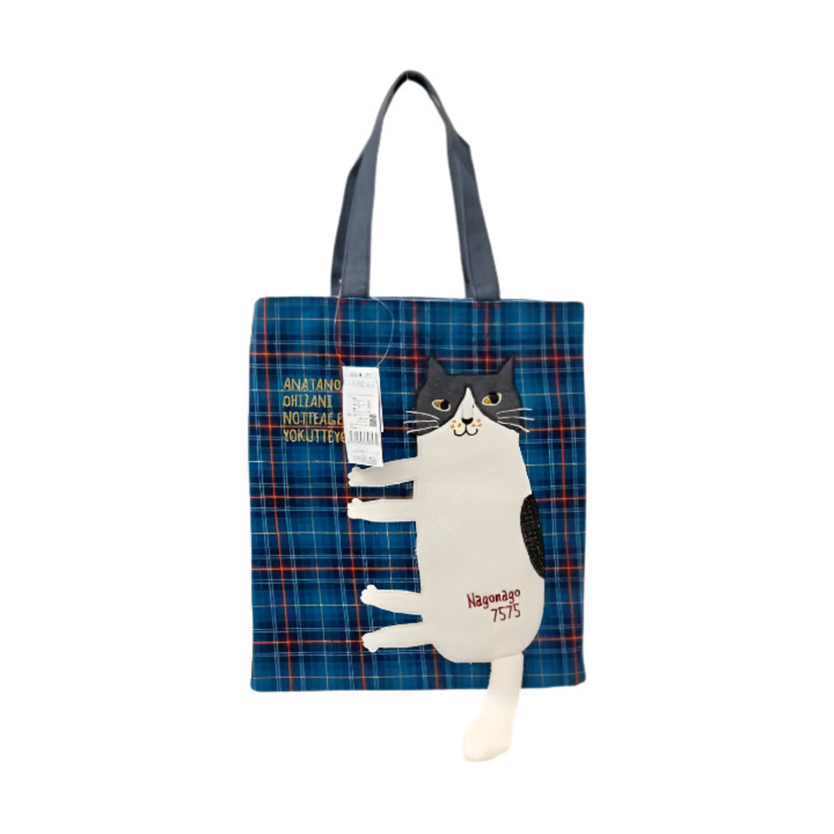 KUSUGURU JAPAN NAGO CAT EMBROIDERED SMALL TOTE BLUE