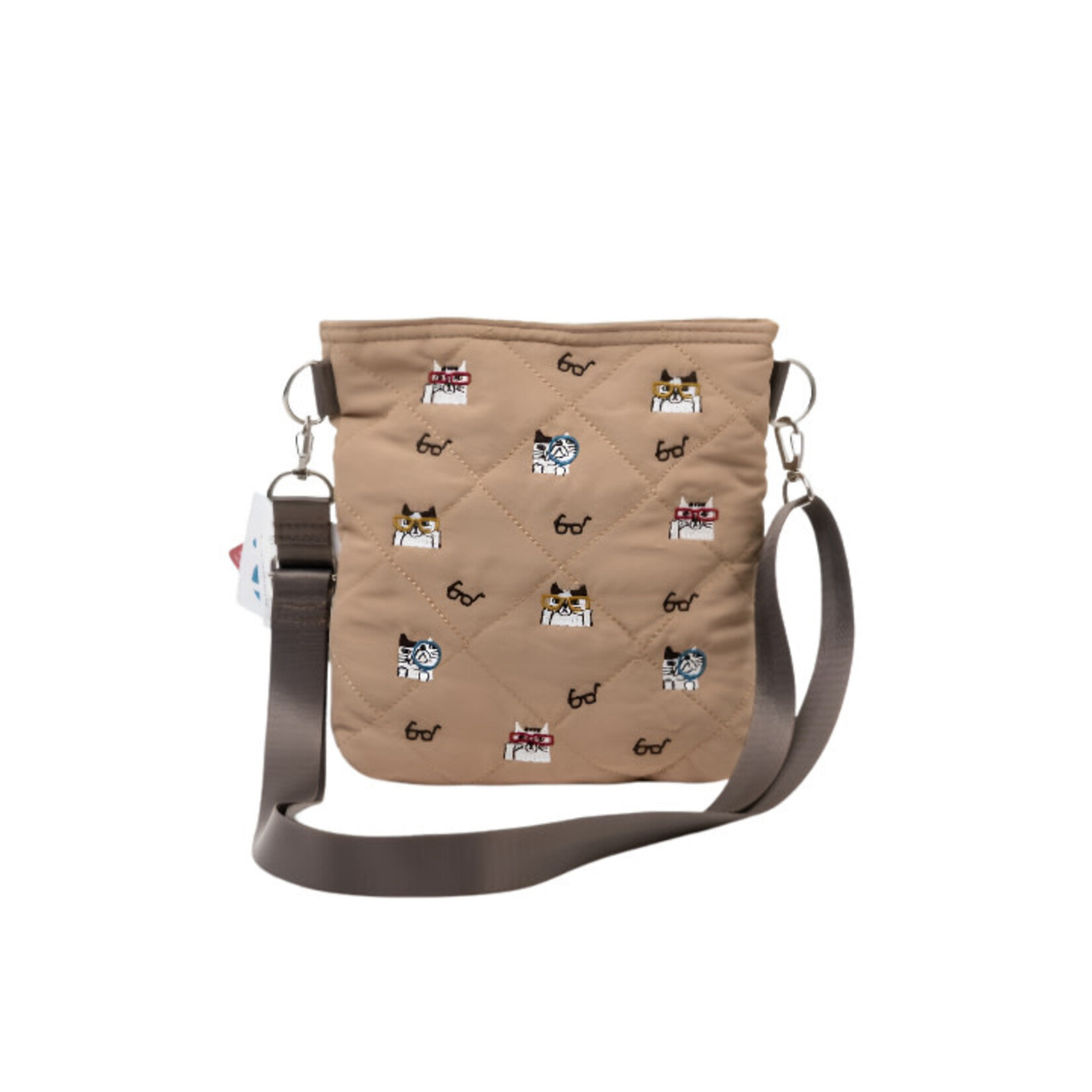 KUSUGURU JAPAN EMBROIDERED CAT COMPACT CROSSBODY BAG CARAMEL BROWN