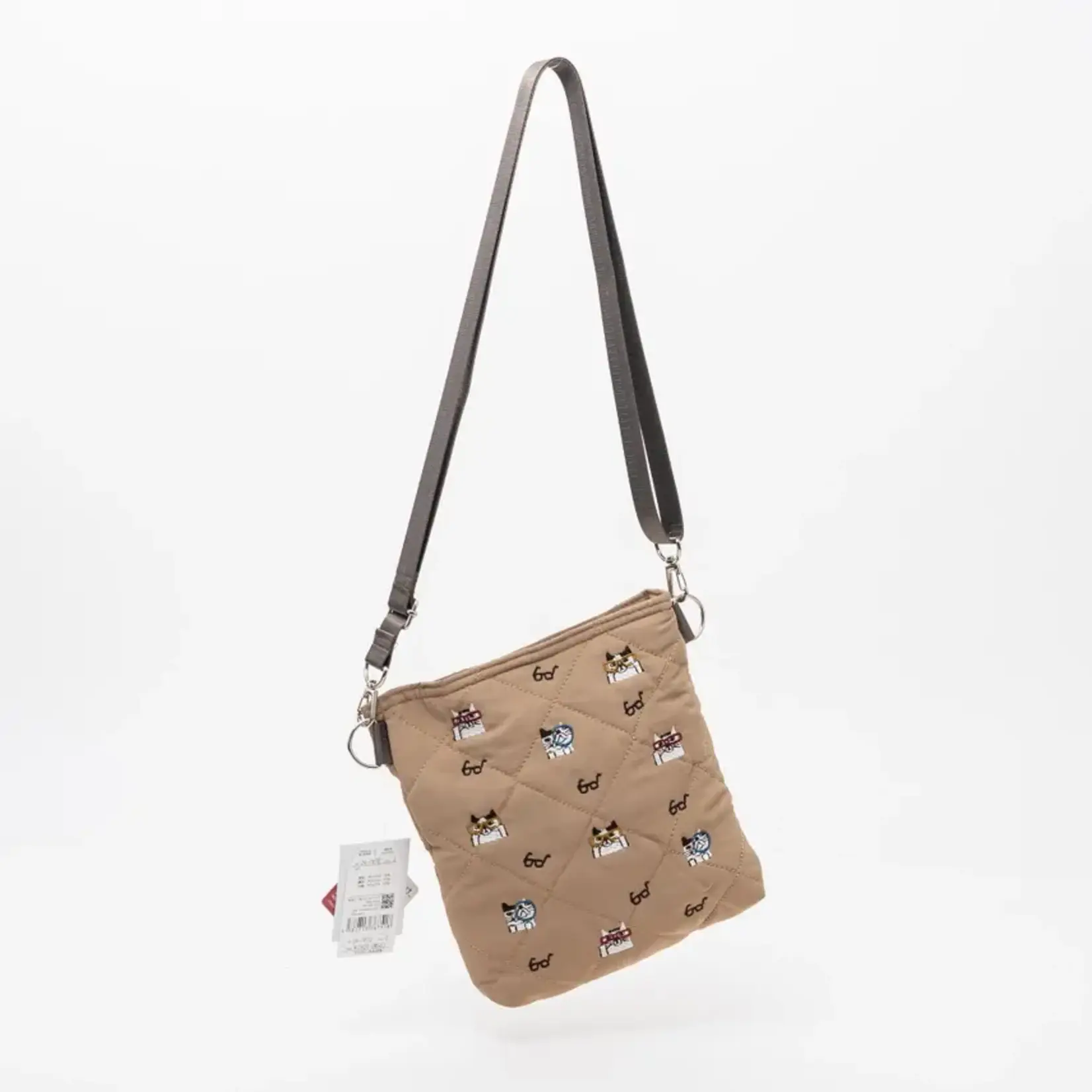 KUSUGURU JAPAN EMBROIDERED CAT COMPACT CROSSBODY BAG CARAMEL BROWN