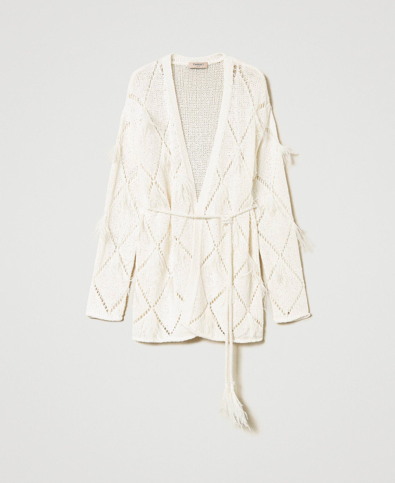 Diamond-pattern cardigan with feathers