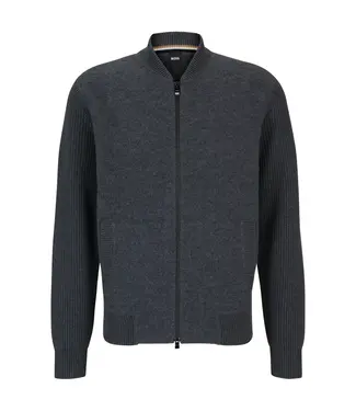 BOSS BOMBER-STYLE ZIP-UP CARDIGAN IN WOOL AND COTTON