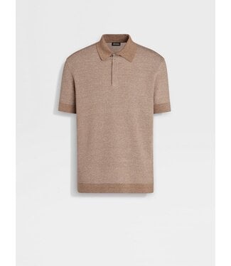 ZEGNA DARK BEIGE COTTON LINEN AND SILK POLO SHIRT