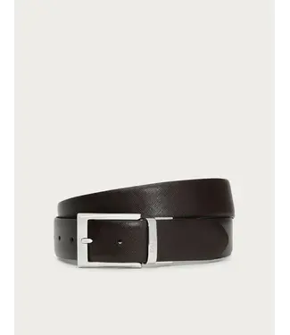 CANALI Black and Brown Reversible Printed Saffiano And Plain Calfskin Belt