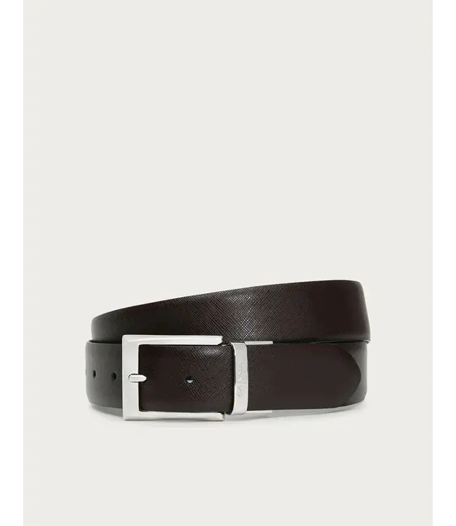 CANALI Black and Brown Reversible Printed Saffiano And Plain Calfskin Belt