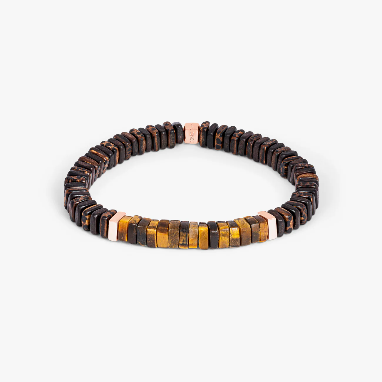 Legno Bracelet in Tiger Eye, Palm and Ebony Wood with Rose Gold Plated Sterling Silver