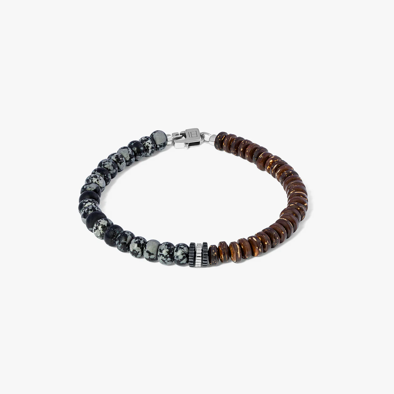 Nepal Gear Trio Beaded Bracelet With Snowflake Obsidian & Coconut Wood