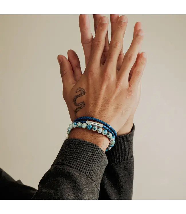 TATEOSSIAN Giza Click Pelle Bracelet en cuir bleu doublement enveloppé en argent rhodié