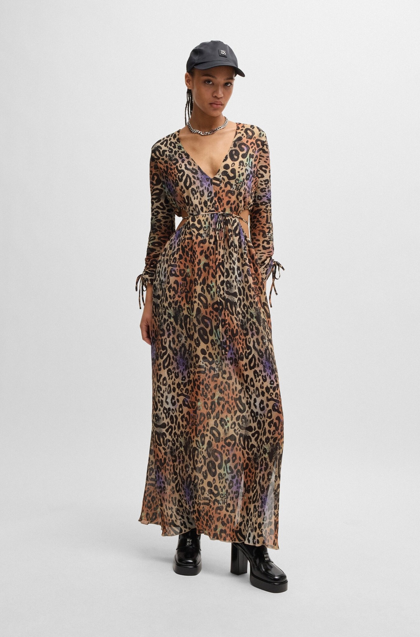 Animal-print plissé dress with cut-out details