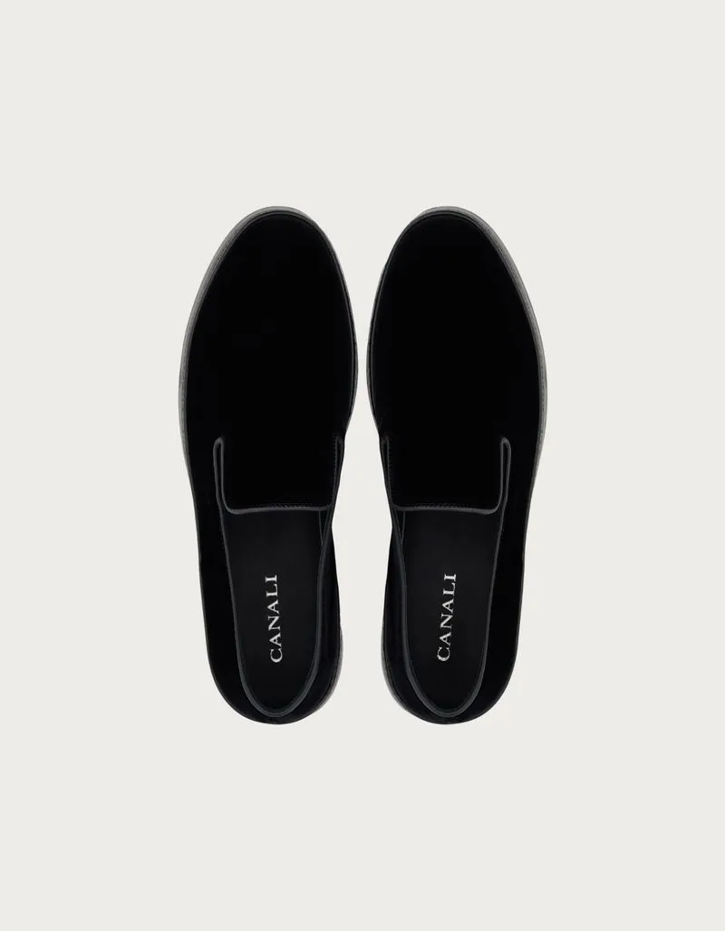 Velvet Slip-Ons with Black Leather Piping