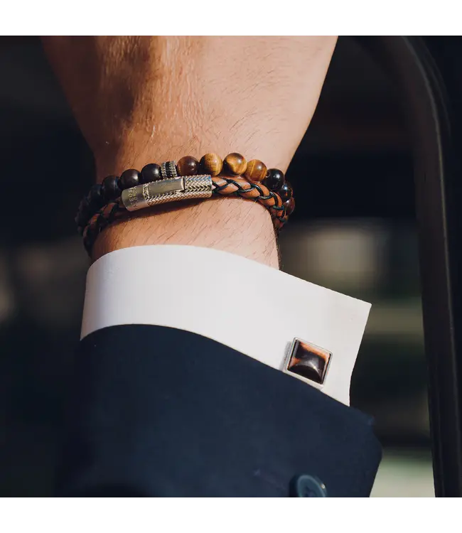 TATEOSSIAN Herringbone Click Pelle Bracelet In Brown Leather With Rhodium Plated Silver