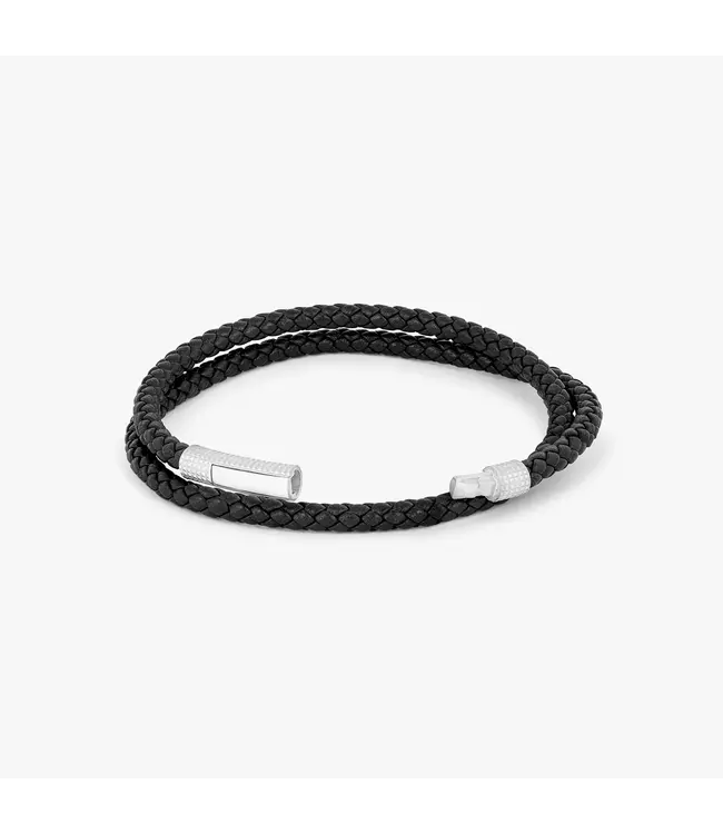 TATEOSSIAN Giza Click Pelle Double Wrap Black Leather Bracelet in Rhodium Silver