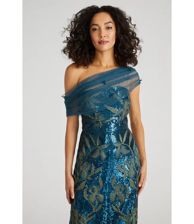 Theia Jude One Shoulder Beaded Gown