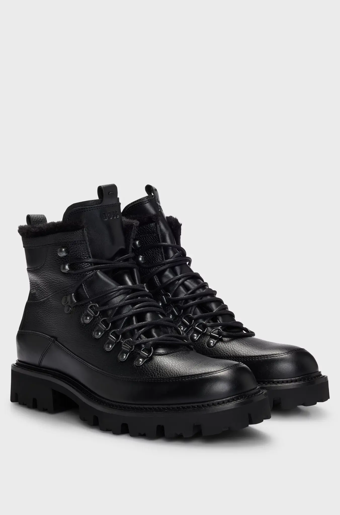 Grained-Leather Lace-Up Boots with Fluffy Lining