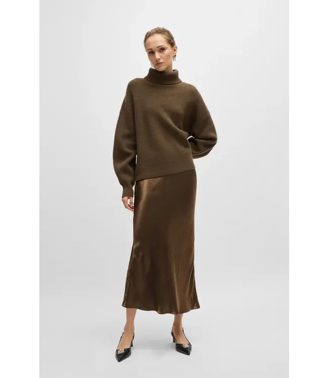 BOSS Midi-Length Skirt in Crinkled Satin-Touch Fabric