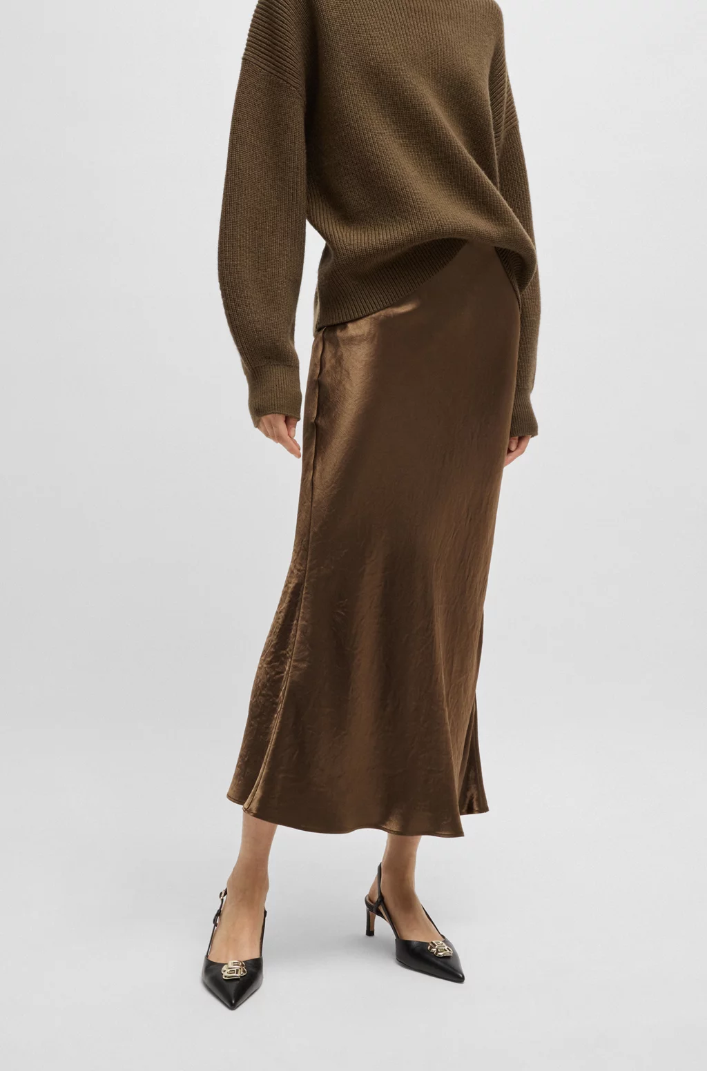 Midi-Length Skirt in Crinkled Satin-Touch Fabric