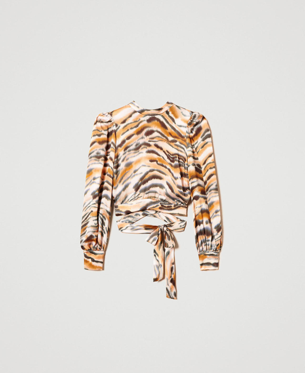 Cropped animal print satin blouse