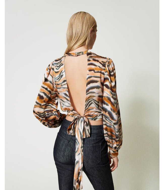 TWINSET Cropped animal print satin blouse
