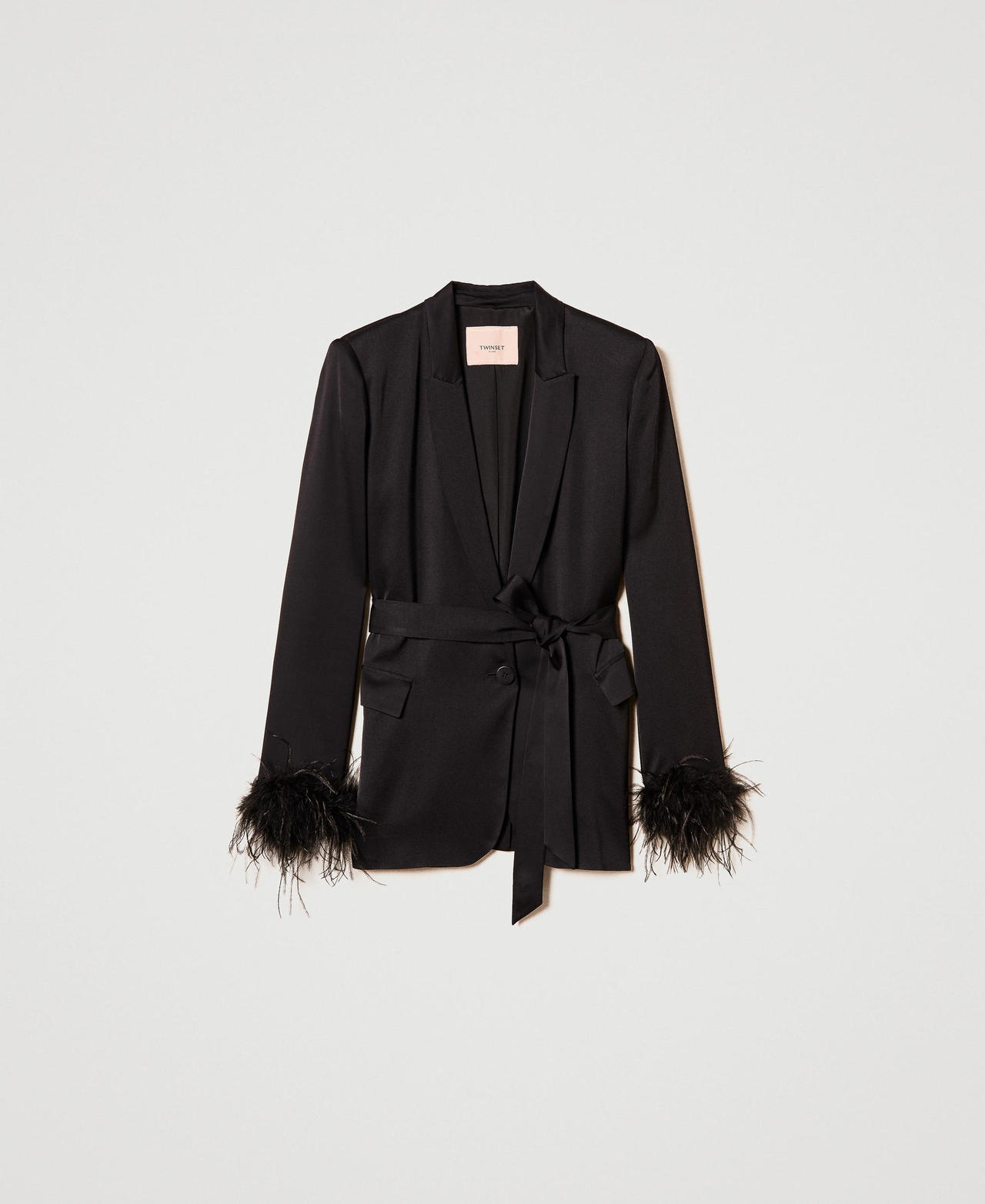 Satin blazer with feathers