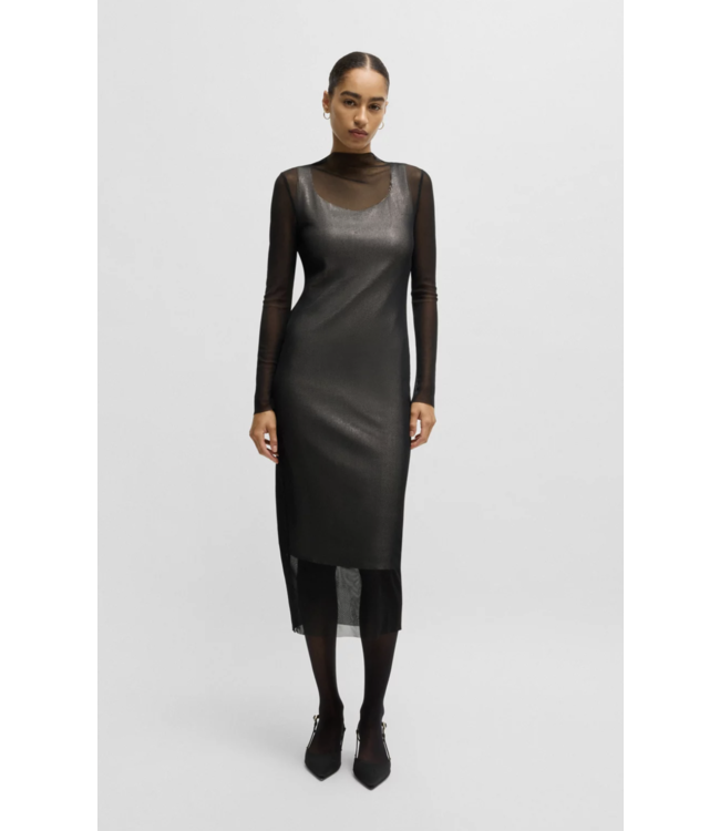 BOSS Stretch-Mesh Dress with Sequinned Underlayer
