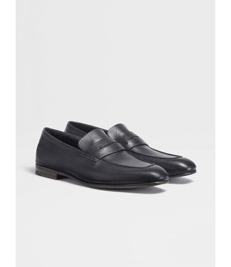 ZEGNA Navy Blue Leather L'Asola Loafers