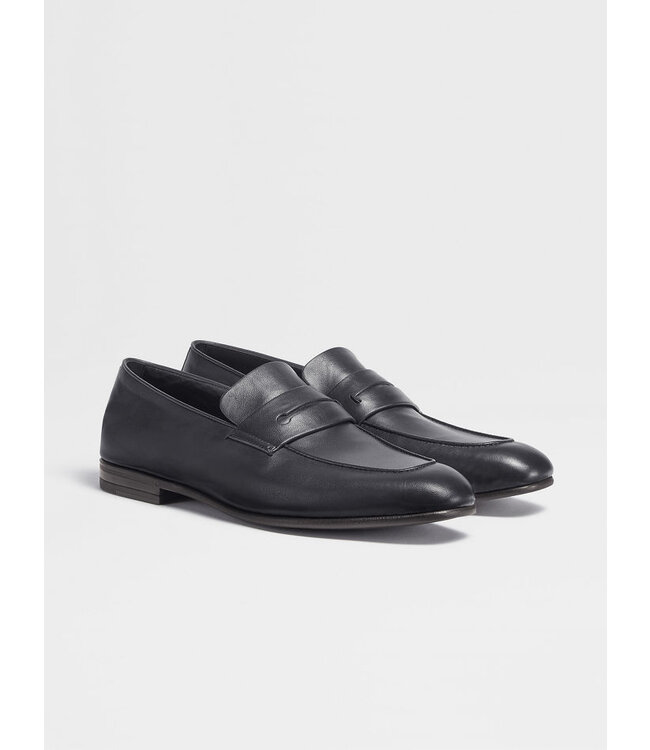 ZEGNA Navy Blue Leather L'Asola Loafers