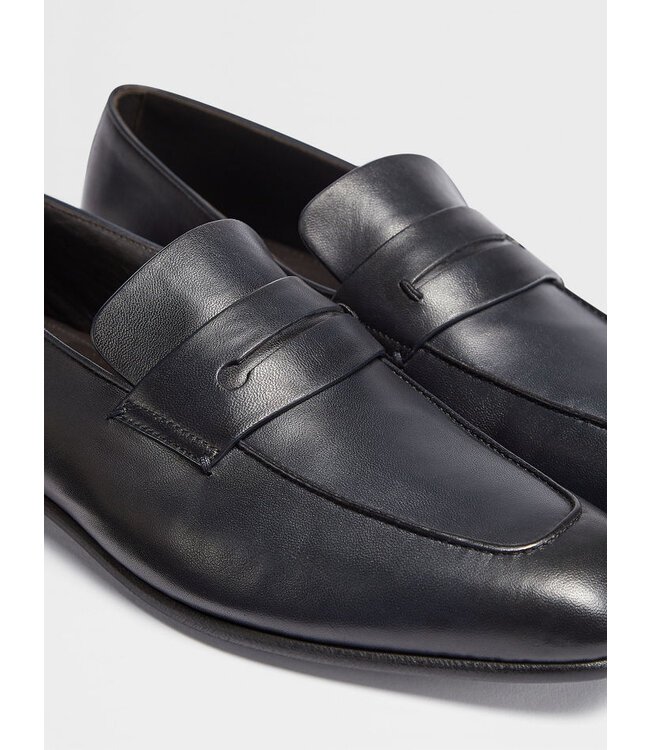 ZEGNA Navy Blue Leather L'Asola Loafers