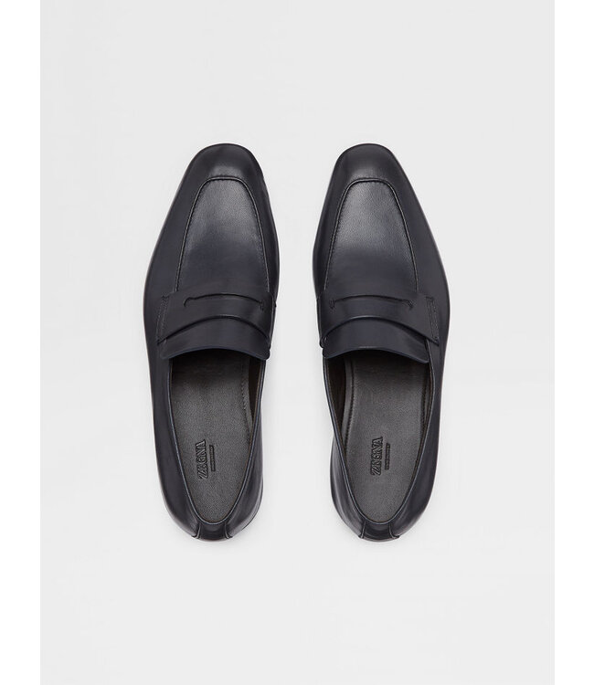 ZEGNA Navy Blue Leather L'Asola Loafers