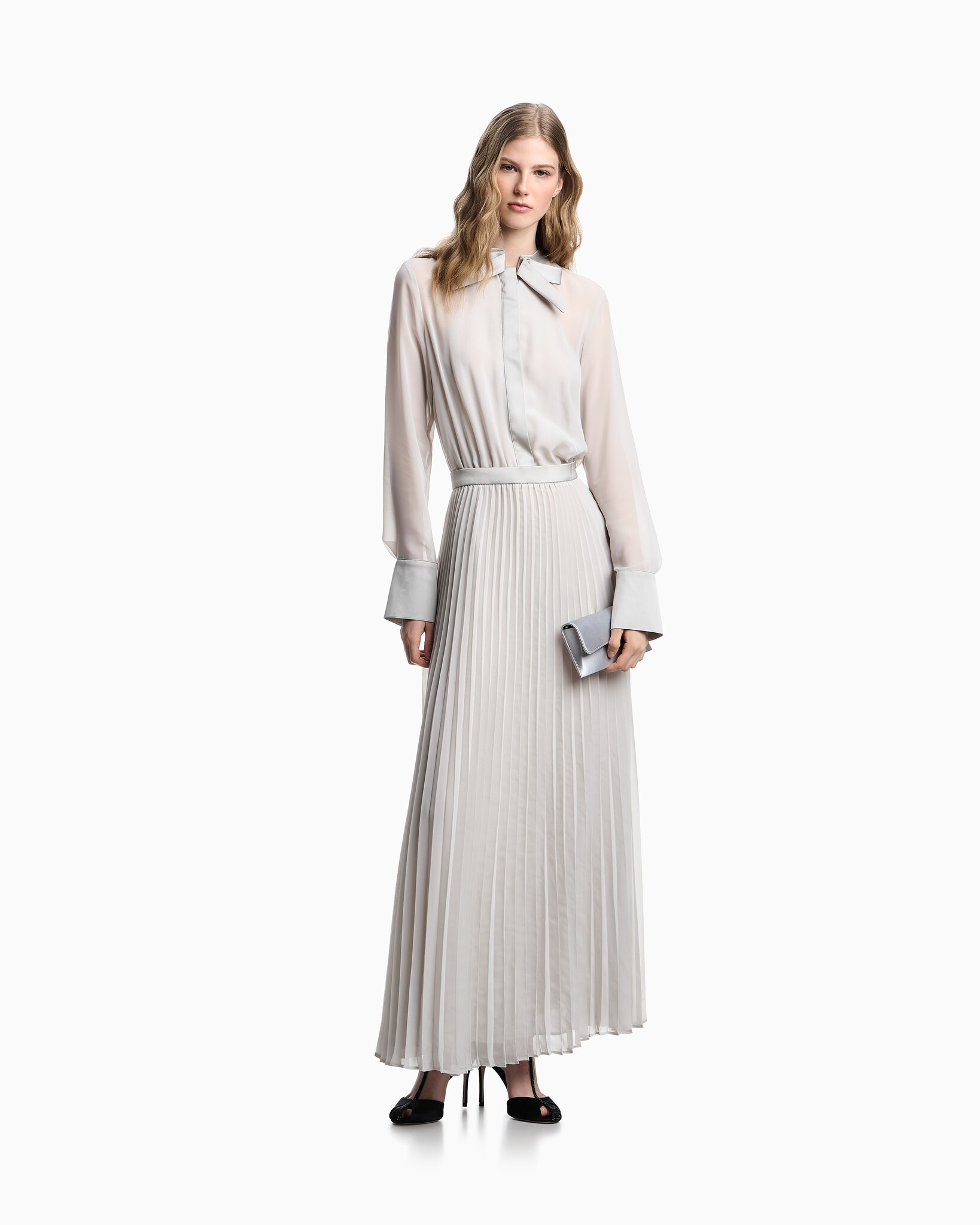 Technical georgette two-piece effect long dress