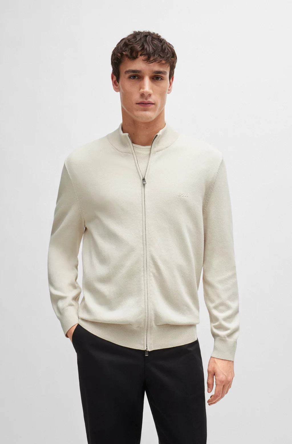 Knitted zip-up cardigan in cotton with embroidered logo