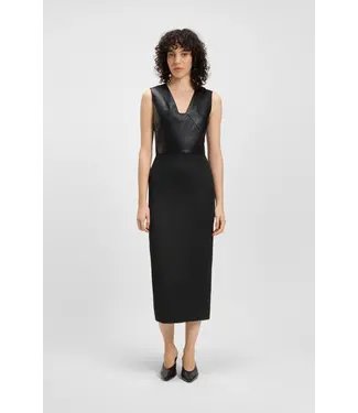 BOSS Virgin-wool dress with leather bodice