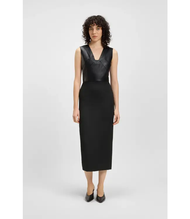 BOSS Virgin-wool dress with leather bodice
