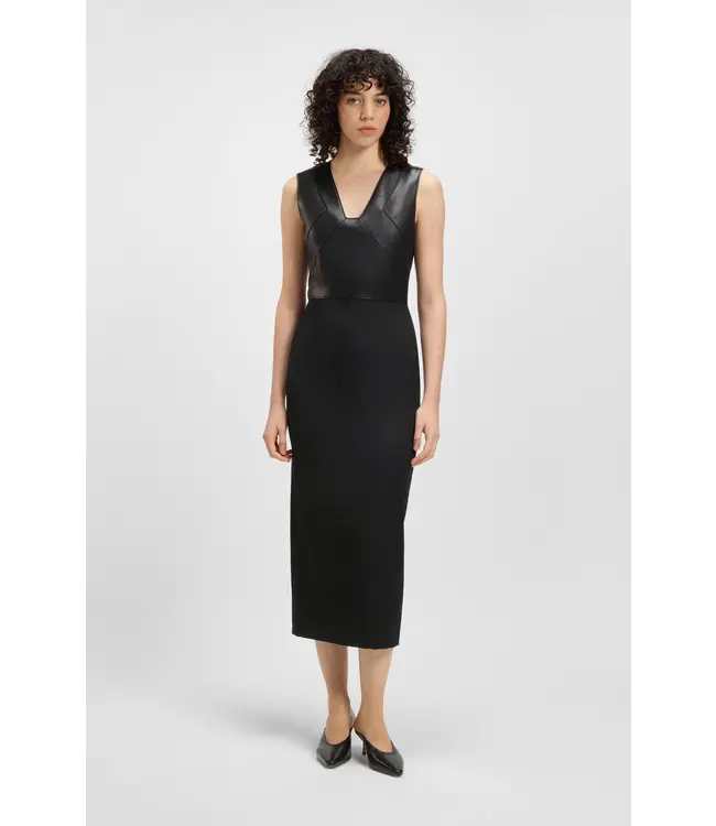 BOSS Virgin-wool dress with leather bodice