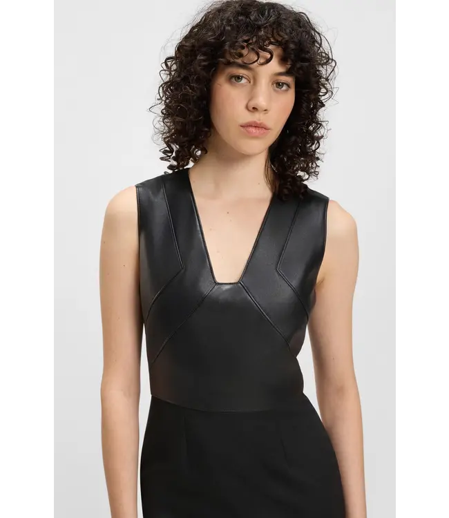 BOSS Virgin-wool dress with leather bodice