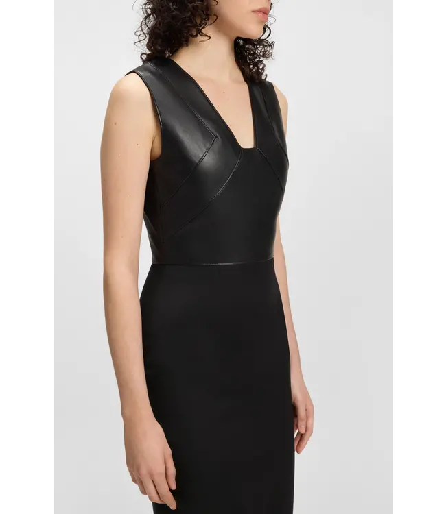 BOSS Virgin-wool dress with leather bodice