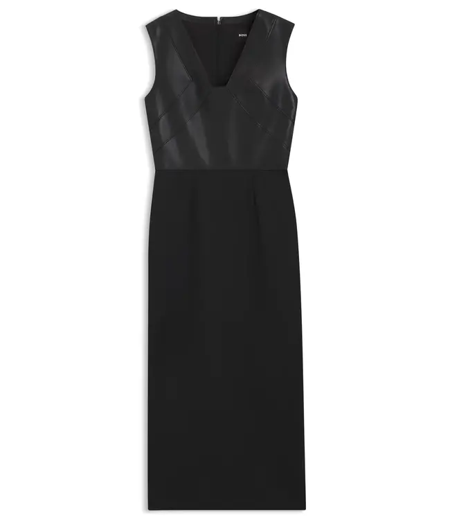 BOSS Virgin-wool dress with leather bodice