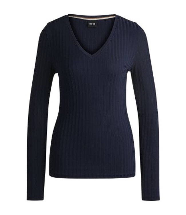 BOSS Haut à manches longues et col en V en jersey côtelé brillant
