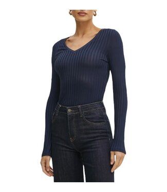 BOSS Long-sleeved V-neck top in lustrous ribbed jersey