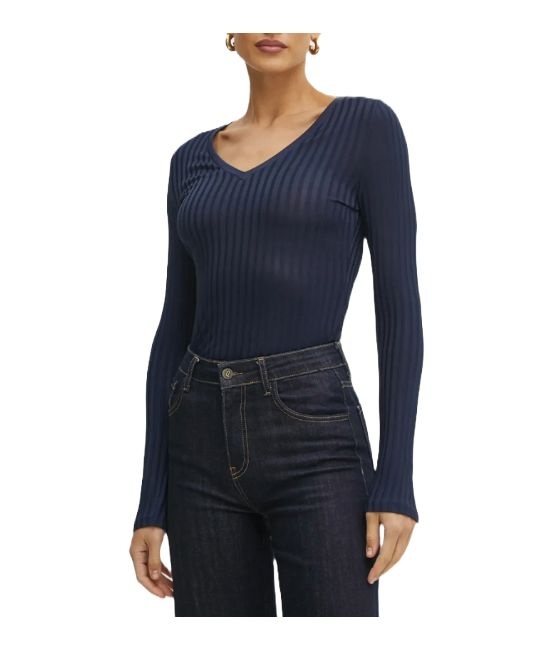 Long-sleeved V-neck top in lustrous ribbed jersey