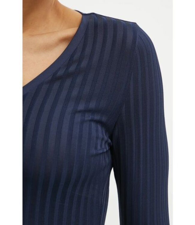 BOSS Long-sleeved V-neck top in lustrous ribbed jersey