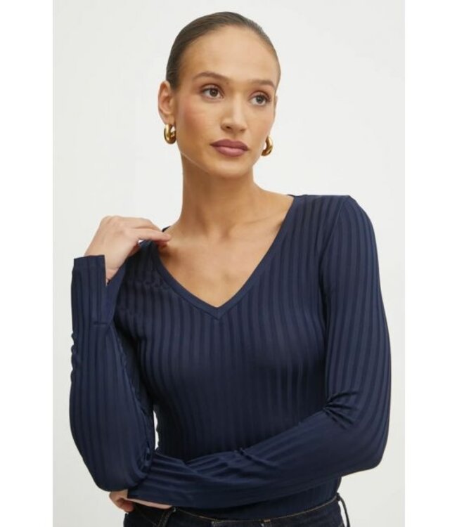 BOSS Haut à manches longues et col en V en jersey côtelé brillant